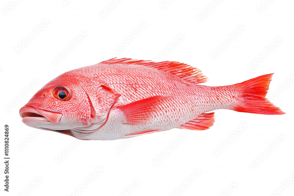 Vibrant Red Fish Swims Against Dark Ocean Background With Prominent Dorsal Fin and Alert Expression Vibrant Red Fish Swims Against Dark Ocean Background With Prominent Dorsal Fin and Alert Expression