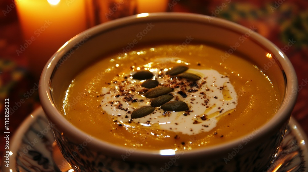Photo of, A bowl of creamy butternut squash soup garnished with toasted pumpkin seeds, Soup in bowl Photo of, A bowl of creamy butternut squash soup garnished with toasted pumpkin seeds, Soup in bowl