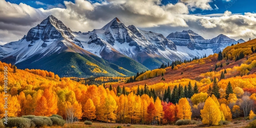 Obraz premium Vibrant Golden Aspens Framing a Snowy Red Mountain in Autumn, Capturing the Essence of Nature's Beauty with Rich Colors and Serene Landscapes