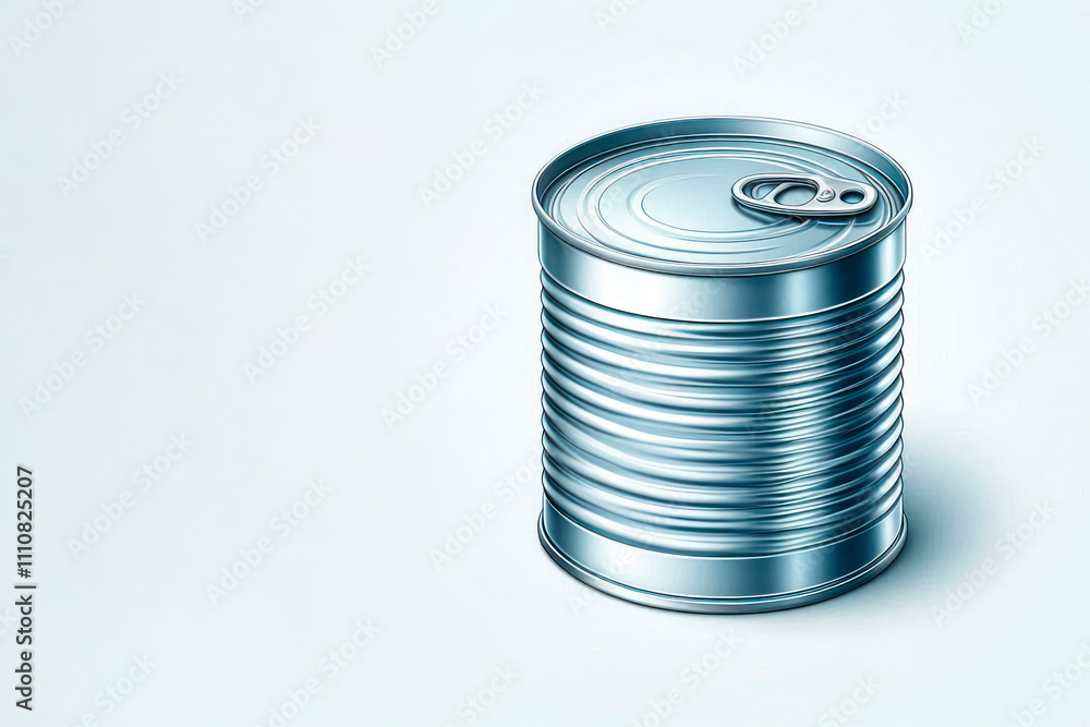 Metal tin can on a light background. Space for text. Metal tin can on a light background. Space for text.
