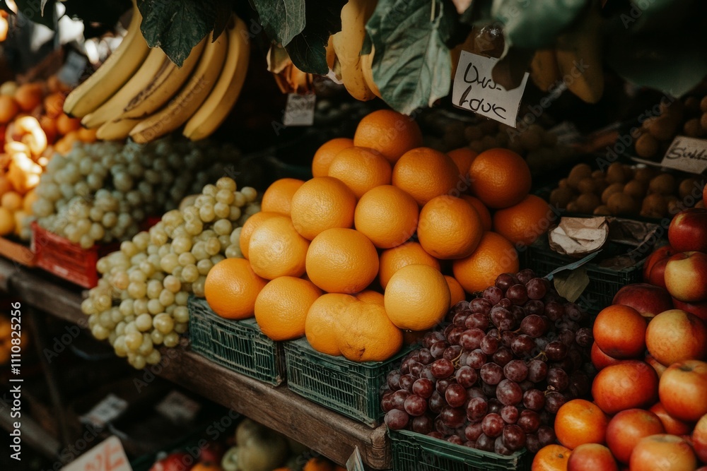 Vibrant Fruit Display at a Farmers Market Stall Vibrant Fruit Display at a Farmers Market Stall