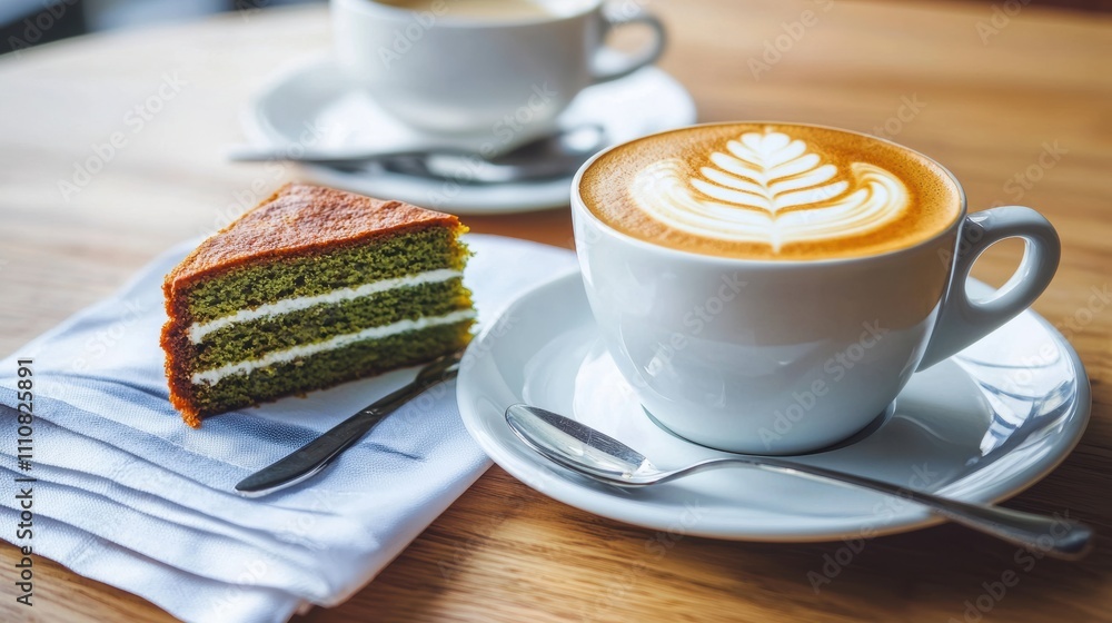 Delicious green tea cake served with a latte in a cozy cafe setting on a wooden table. Delicious green tea cake served with a latte in a cozy cafe setting on a wooden table.