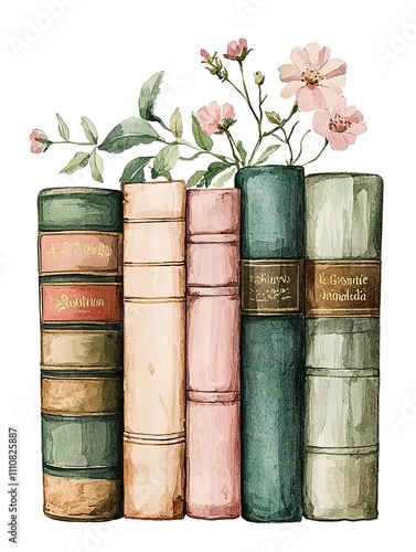 Watercolor Painting of Antique Books and Roses