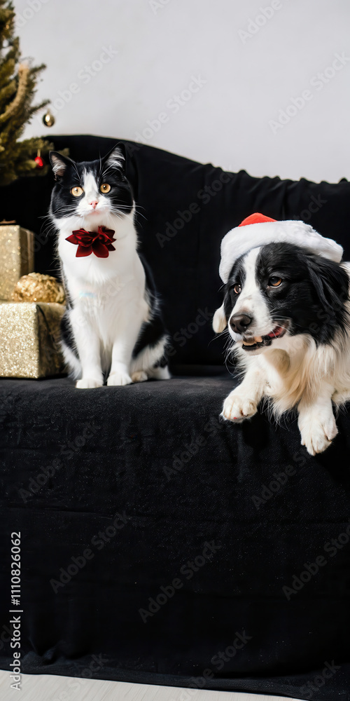 Obraz premium Festive Cat and Dog in Santa Hat by Christmas Tree with Gifts on Black Sofa