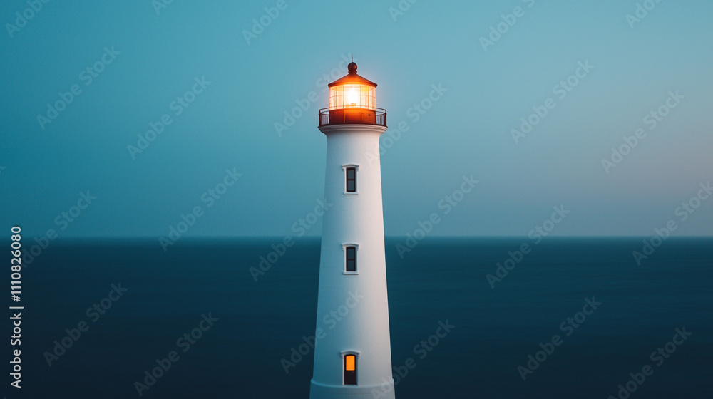 Lone lighthouse stands tall against serene twilight ocean backdrop, guiding ships with its warm, inviting light. Lone lighthouse stands tall against serene twilight ocean backdrop, guiding ships with its warm, inviting light.