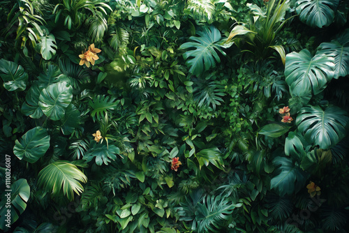 Wallpaper Mural A dense collection of various green tropical plants with large leaves. Among the foliage, there are a few flowers with orange and red petals scattered throughout. Torontodigital.ca