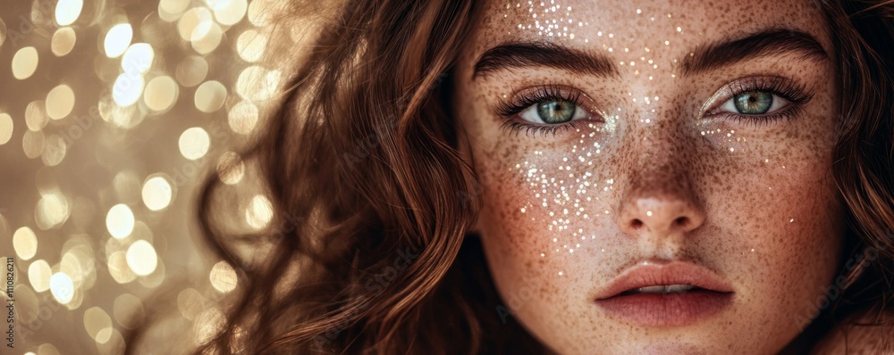 Beautiful Woman with Freckles, Brown Hair, and Green Eyes Looking Straight into Camera. Glitter Sprinkled Background. Beautiful Woman with Freckles, Brown Hair, and Green Eyes Looking Straight into Camera. Glitter Sprinkled Background.
