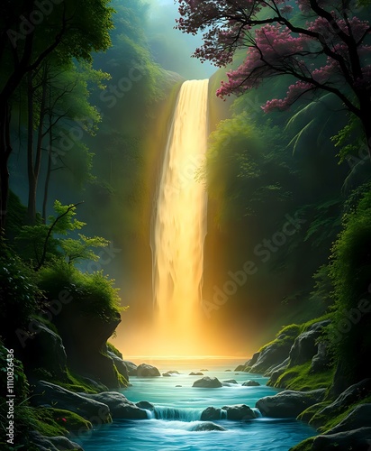 Enchanting Waterfall in Lush Forest photo