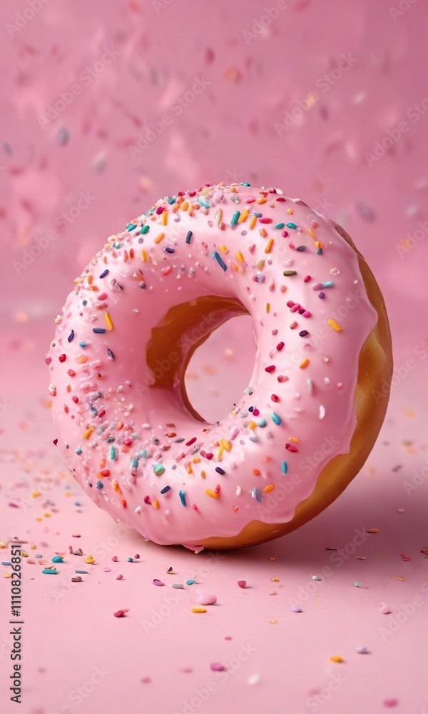 A large pink frosted donut covered in multicolored sprinkles on a soft pink background , large, confectionery, food