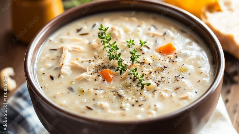 Photo of, A bowl of creamy chicken and wild rice soup garnished with fresh thyme leaves, Chicken and wild rice soup bowl centered Photo of, A bowl of creamy chicken and wild rice soup garnished with fresh thyme leaves, Chicken and wild rice soup bowl centered