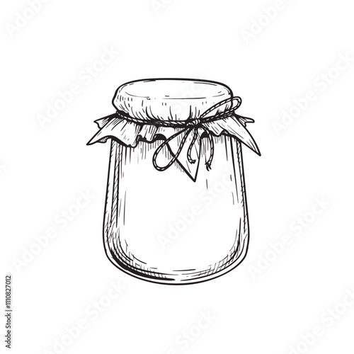 Glass jar with jam or honey. Sketch hand drawn drawing. Best for packaging and home made conservation designs. Vector illustration in vintage style.