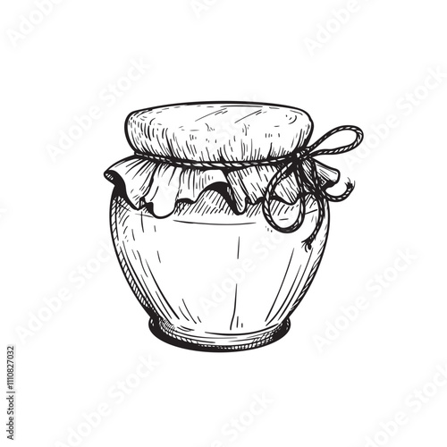 Glass jar with jam or honey. Sketch hand drawn drawing. Best for packaging and home made conservation designs. Vector illustration in vintage style. photo