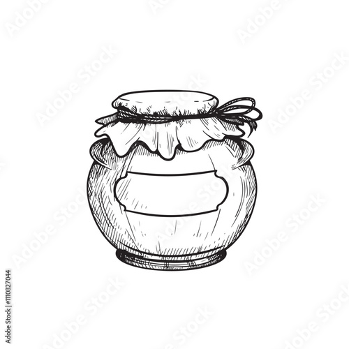 Glass jar with jam or honey. Sketch hand drawn drawing. Best for packaging and home made conservation designs. Vector illustration in vintage style.