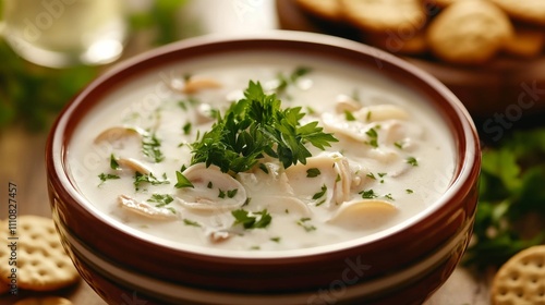 Photo of, A bowl of creamy clam chowder garnished with fresh parsley, Chowder in bowl