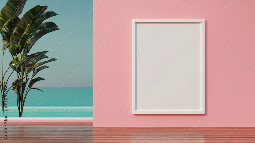 Fototapeta premium Minimalist coastal decor with blank canvas, pastel pink wall, sea view, and palm leaves, evoking serenity and calm.