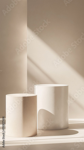 Wallpaper Mural Composition of two white columns of the podium, light and shadows. Background for displaying objects, cosmetics or perfumes. Stage for presentation of a cosmetic product. Vertical light photo Torontodigital.ca