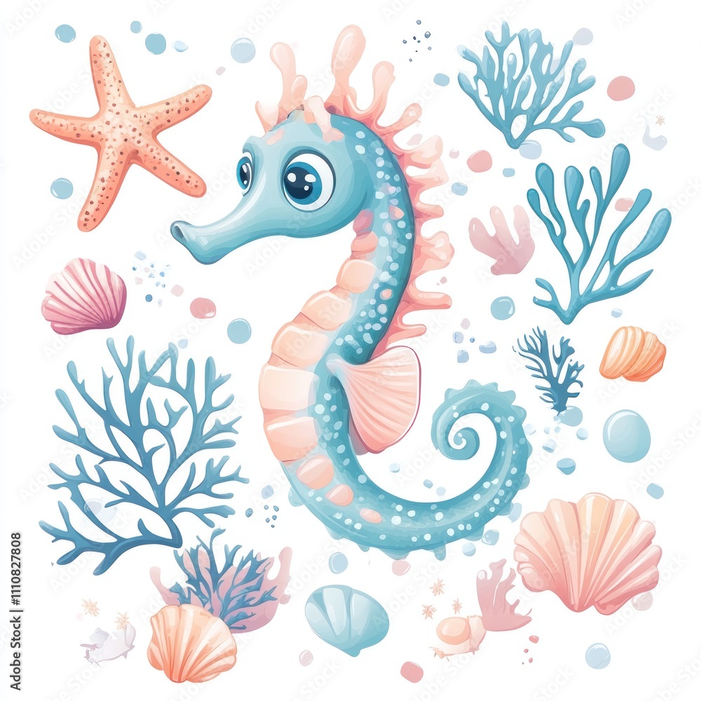 Here's a possible and keyword list for your image.. Cute cartoon seahorse with shells and coral. Here's a possible and keyword list for your image.. Cute cartoon seahorse with shells and coral.