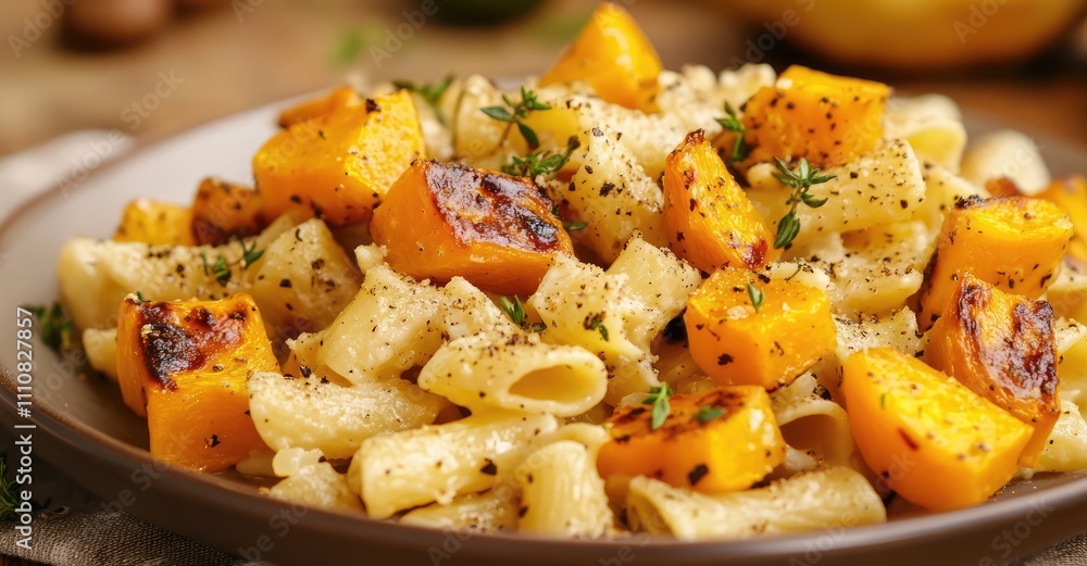 Pasta with roasted winter squash. AI generated illustration. Pasta with roasted winter squash. AI generated illustration.