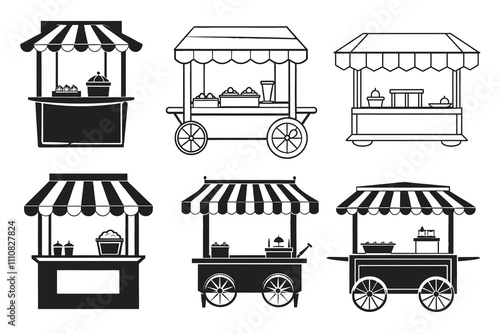 Set of Snack Stand vector silhouette line art 