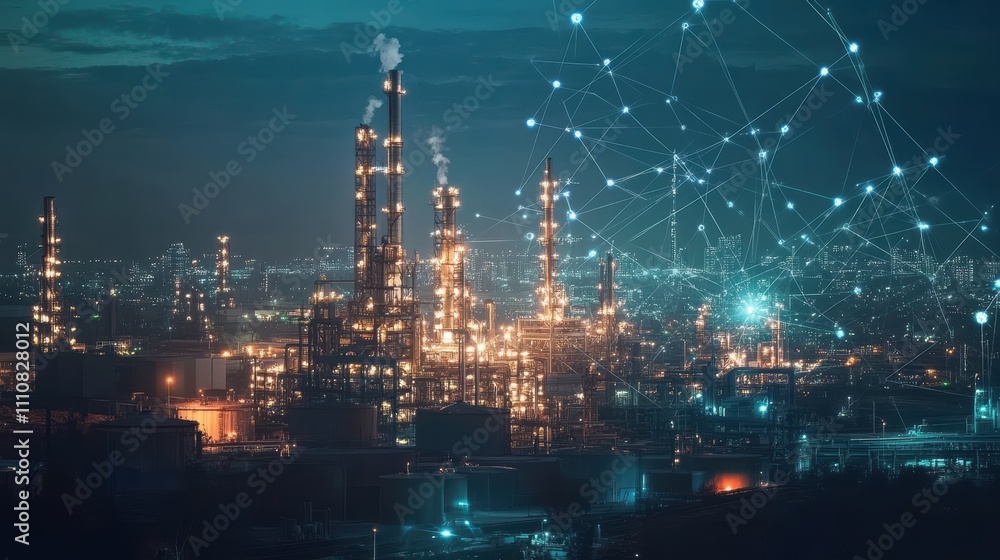 Fototapeta premium Modern factory, communication network. Telecommunication. IoT, Internet of Things, ICT, Information communication Technology,. Smart factory. Digital transformation, cloud connecting,