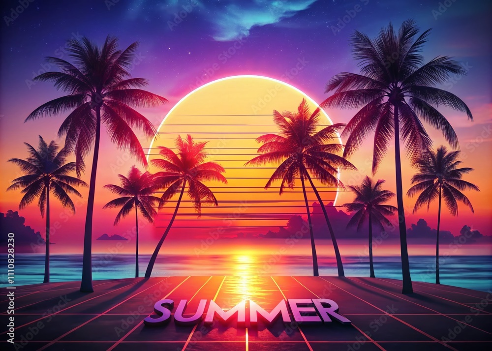 Naklejka premium Vibrant Summer Cyberpunk Sunset Beach Scene with Palm Trees in Retro Synthwave Style - Perfect Vaporwave Background for Wallpapers and Summer Promotions