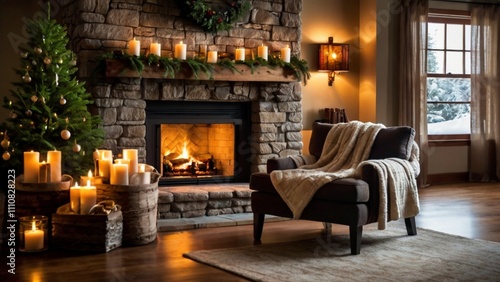 A cozy living room with a crackling fireplace and Christmas stockings  creating a warm and festive holiday setting.