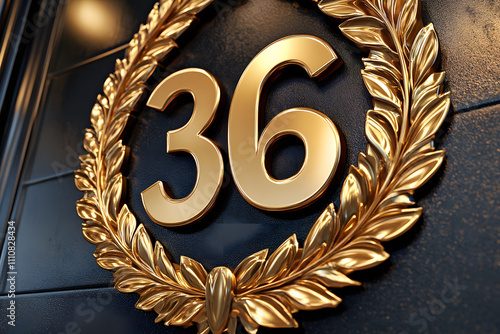 Golden number 36 wreath emblem, elegant laurel decoration, milestone celebration badge, premium metallic artwork, classy anniversary design, 36th achievement honor symbol photo