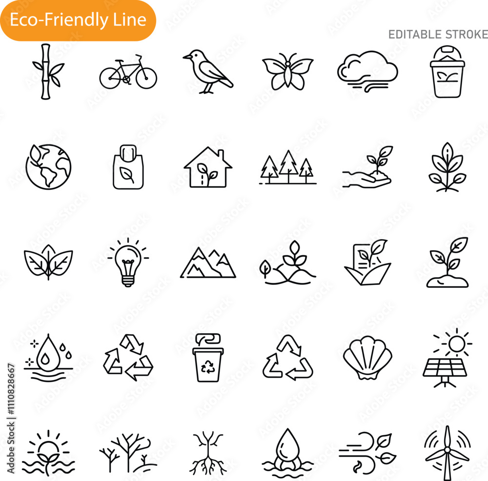 EcoFriendly Line Icons Nature, Recycling, Sustainability Symbols EcoFriendly Line Icons Nature, Recycling, Sustainability Symbols