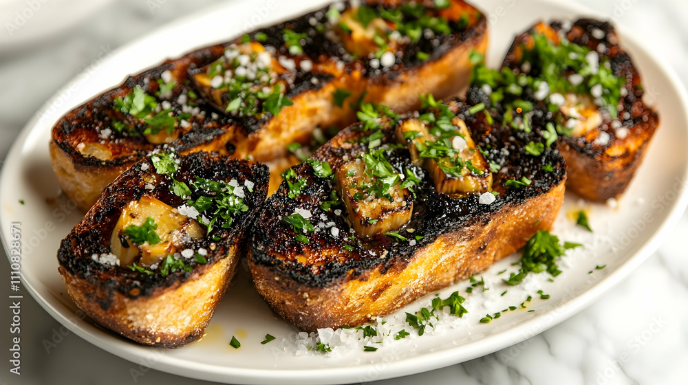 Burnt Basque Garlic Bread with Roasted Bone Marrow and Fresh Herbs, Modern Tapas Photography Burnt Basque Garlic Bread with Roasted Bone Marrow and Fresh Herbs, Modern Tapas Photography