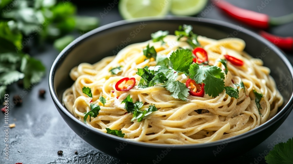 Photo of, A bowl of creamy coconut curry noodles garnished with fresh cilantro and sliced red chili peppers, Coconut curry noodles bowl centered Photo of, A bowl of creamy coconut curry noodles garnished with fresh cilantro and sliced red chili peppers, Coconut curry noodles bowl centered