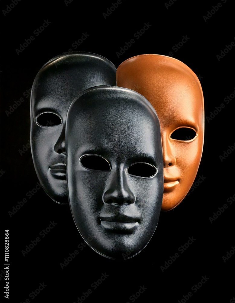 Three Faces Latex Mask Isolated Against Black Background. Three Faces Latex Mask Isolated Against Black Background.