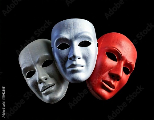 Three Faces Latex Mask Isolated Against Black Background.