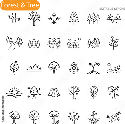 Forest, Tree, Nature, Icons, Line Art, Editable, Stroke, Graphics, Symbols, Collection