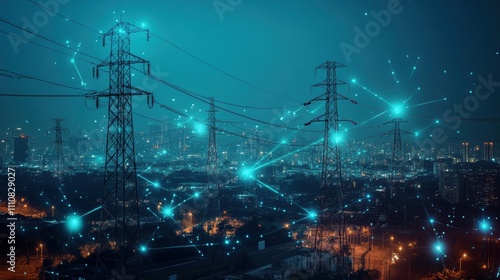 Electricity transmission towers with orange glowing wires the starry night sky. Energy infrastructure concept, energy, electricity, voltage, supply, pylon, technology