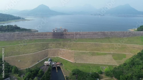 Established Aerial View of Jatiluhur, the Largest Dam in Indonesia. Multi-Purpose Embankment Dam on The Citarum River with Morning Glory Spillway