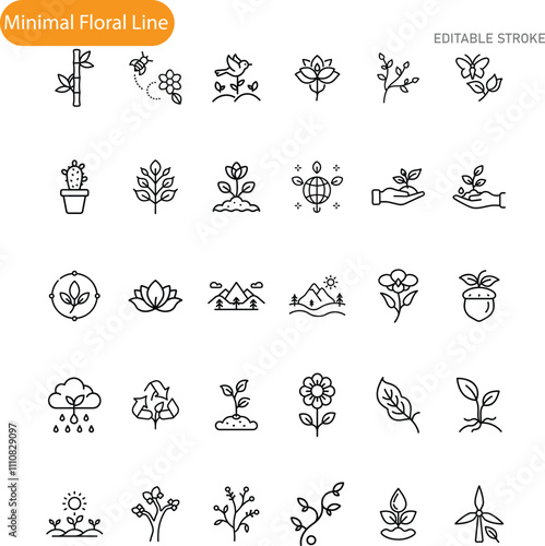 Minimalist Floral Line Art Icons Nature, Plants, Growth, Editable