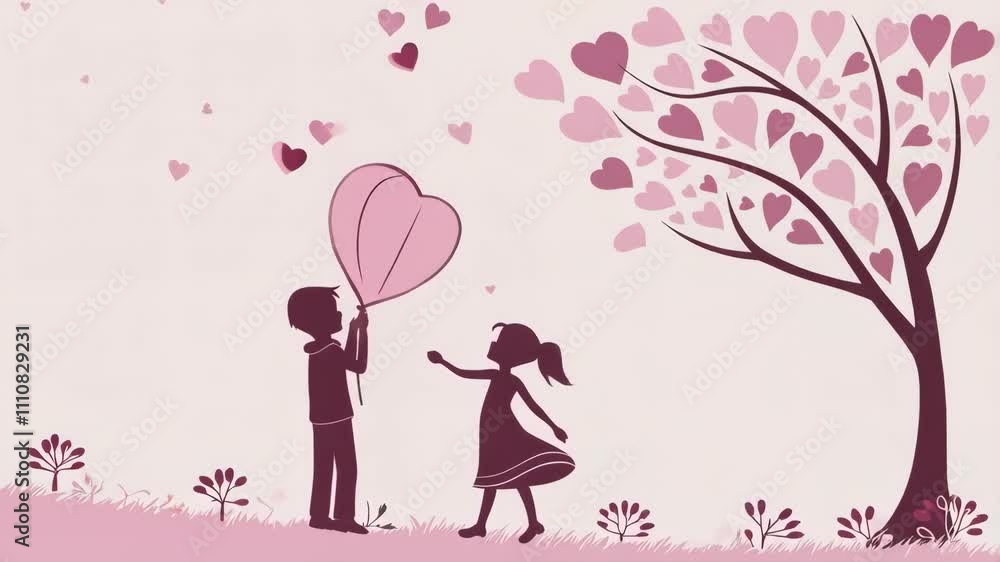 Couple Holding Heart Balloon Under Pink Tree with Hearts in Background Couple Holding Heart Balloon Under Pink Tree with Hearts in Background