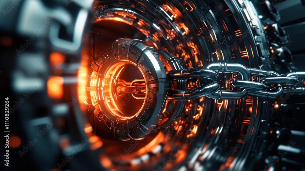 Fototapeta premium Futuristic Technology Chain in Glowing Metal Tunnel