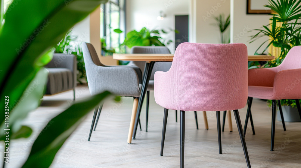 Fototapeta premium Modern dining area with colorful chairs and lush indoor plants, creating a cozy ambiance.