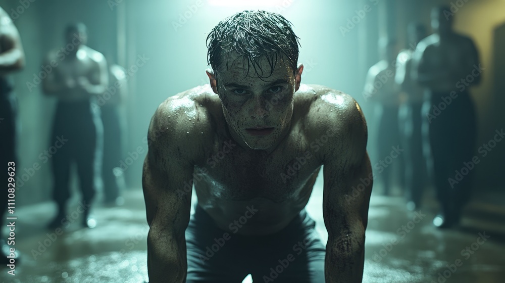A muscular man in a dimly lit room, exuding intensity and determination during training. A muscular man in a dimly lit room, exuding intensity and determination during training.