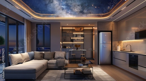 Stylish Apartment Interior with Starry Sky Ceiling and Cozy Ambiance photo