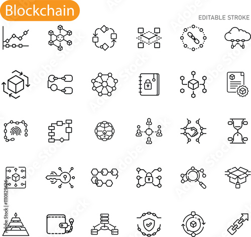 Blockchain Technology Icons Network, Security, Crypto, Data, Finance