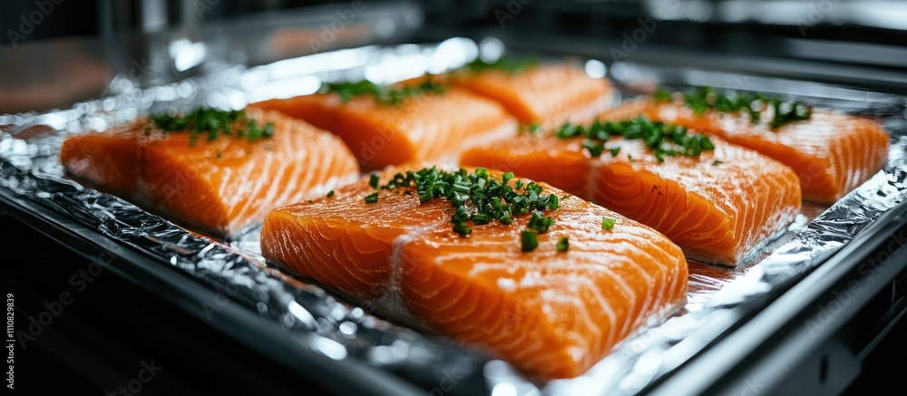 Close up of fresh salmon fillets seasoned with herbs and ready for cooking on a baking sheet. Close up of fresh salmon fillets seasoned with herbs and ready for cooking on a baking sheet.