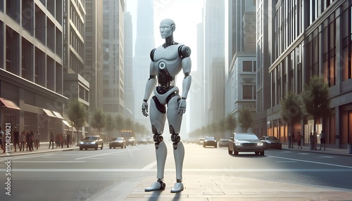 This image shows a humanoid robot standing in the middle of a busy city highway.