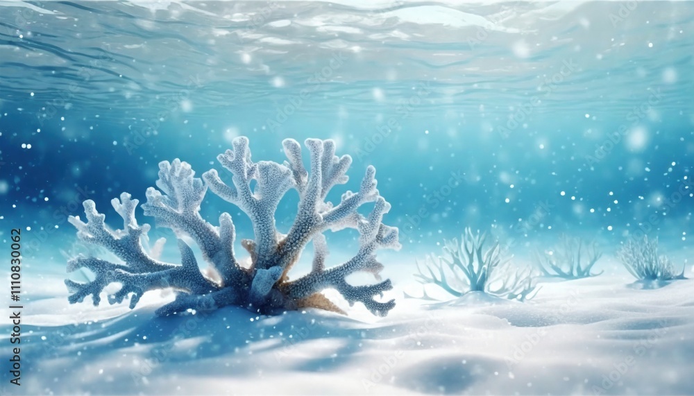 Naklejka premium Frozen dead bleached coral in icy underwater scenery with snow-like particles