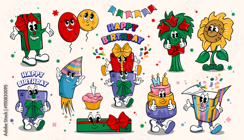cartoon character for happy birthday, gift, cake, bouquet of flowers, fireworks, retro groovy style, holiday  icon set. cartoon funny birthday party