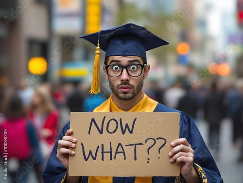 Confused Graduate in Cap and Gown Holding Sign