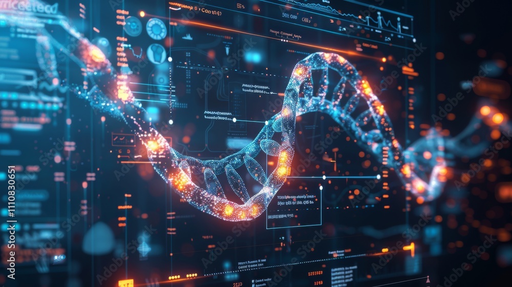 Fototapeta premium Futuristic DNA Strand with Glowing Effects on Digital Interface Display