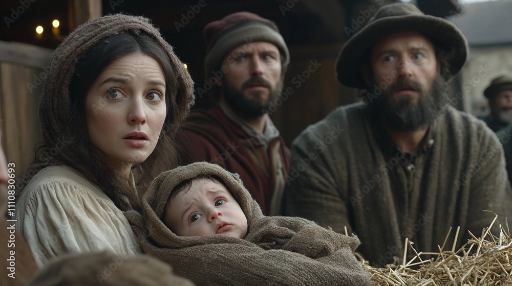 Group of individuals in historical attire engaged in conversation around a baby in a rural setting Group of individuals in historical attire engaged in conversation around a baby in a rural setting