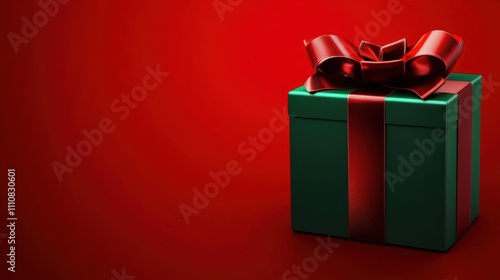 Wallpaper Mural A glossy green gift box with a striking red ribbon bow, resting on the bottom-right corner of a bright red background, ideal for overlaying text Torontodigital.ca